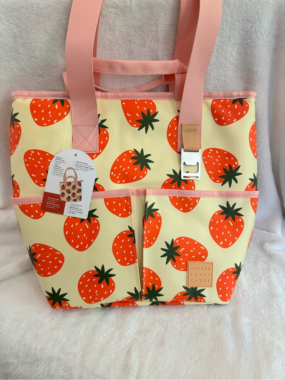 Tender Love & Carry Strawberry Print Tote Cooler Bag in Cream & Pink